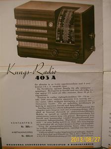 779. Såld. Kungs Radio, produktbeskrivning och prislista. År: 1937-1938. Tillv: 1937 Sverige.   101_0455