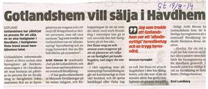 Gotlandshem vill sälja i Havdhem, Gotlands Tidningar 2014 08 19.