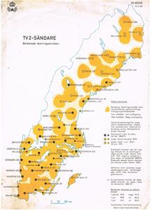 TV 2-Sändare beräknade täckningsområden 1970.