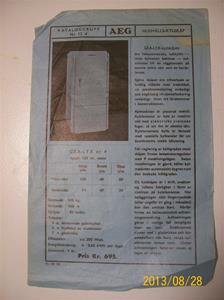 788. AEG, produktbeskrivning för hushållskylskåp. Nr. 12 d. Tillv: 11:e oktober 1935. Pris: 695:-. . Samma typ av produktblad som 787. Tydligare bild. 101_0476