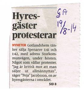 Hyresgäster protesterar 2014 08 19. Gotlands Allehanda.