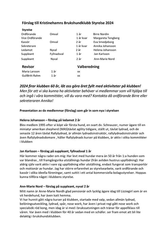 Förslag till Kristinehamns Brukshundklubb Styrelse 2024